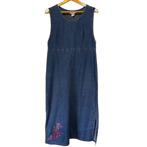VTG y2k Time Out Blue Denim Cotton Overall Dress Sz M Midi Floral Embroidered